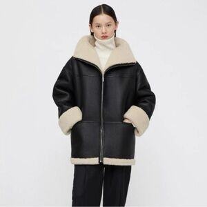 Black and Cream Leather Aviator Jacket with Shearling Lining